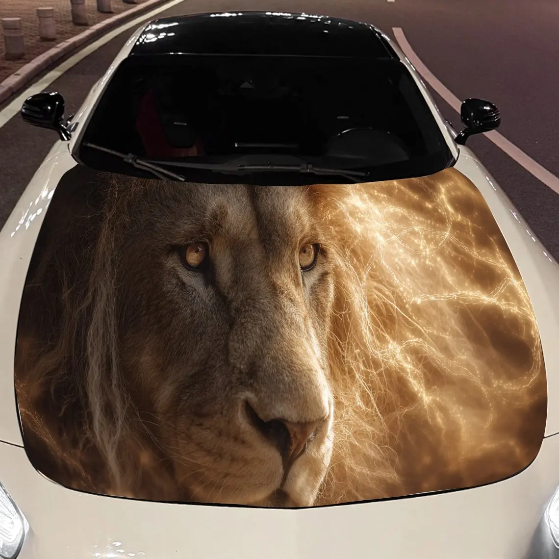 

Fierce Lion with Golden Lightning Car Engine Hood Sticker, Auto Vinyl Wraps, Waterproof Self-adhesive Vehicle Decal, Durable & A