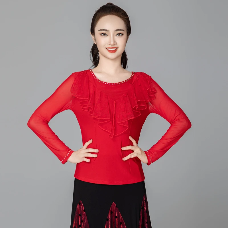 ชุดเต้นลาตินและบอลรูมที่ใส่สบายและหลากหลายสไตล์ ชุดเต้นวอลซ์แขนยาวปานกลาง เสื้อบอลรูมทันสมัยสำหรับสุภาพสตรี