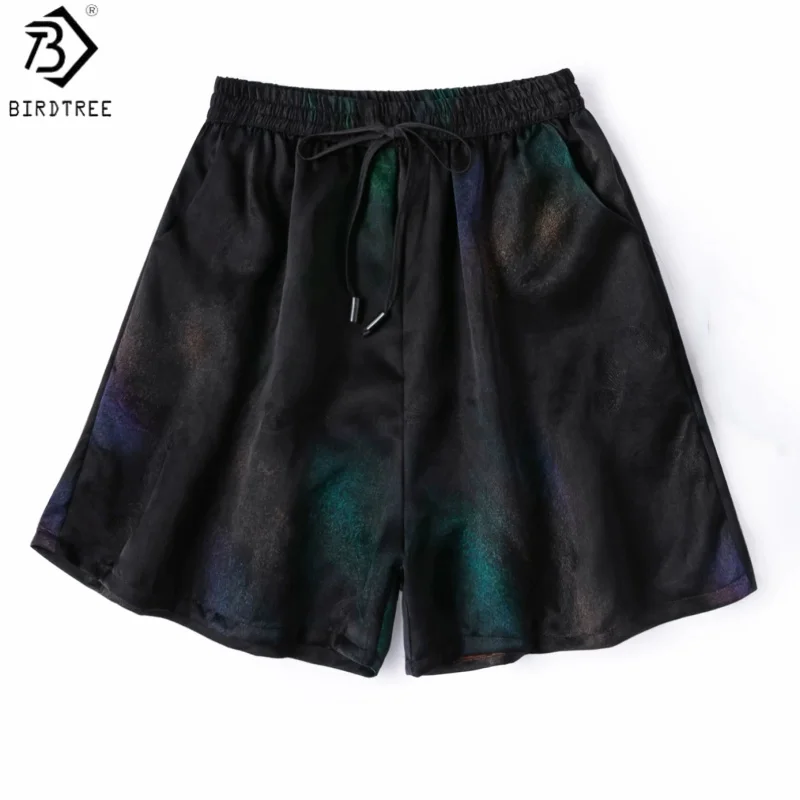 Birdtree, 100% Silk Jacquard Satin Shorts, Women Floral Luo Xiangyunsha Pocket Pants, Elastic Waist, 2026 Summer New P66618JF
