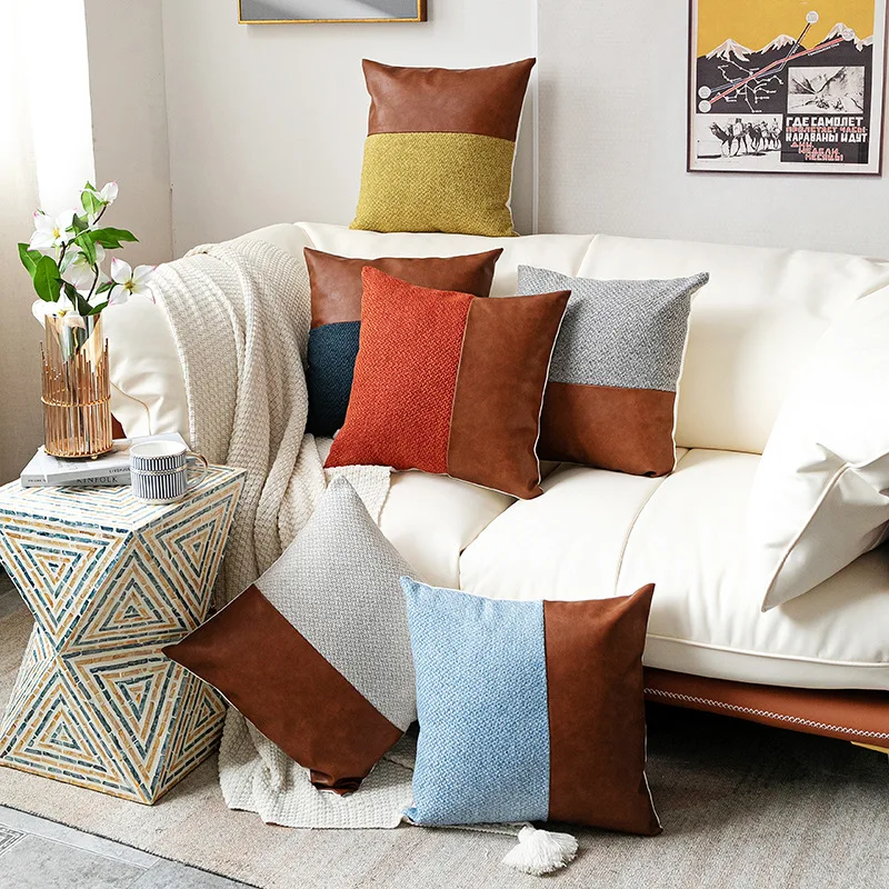 

45x45cm PU Leather Stitched Striped Throw Pillow Cover Cotton Cushion Cover Simple Pillowcase for Living Room Couch Home Decor