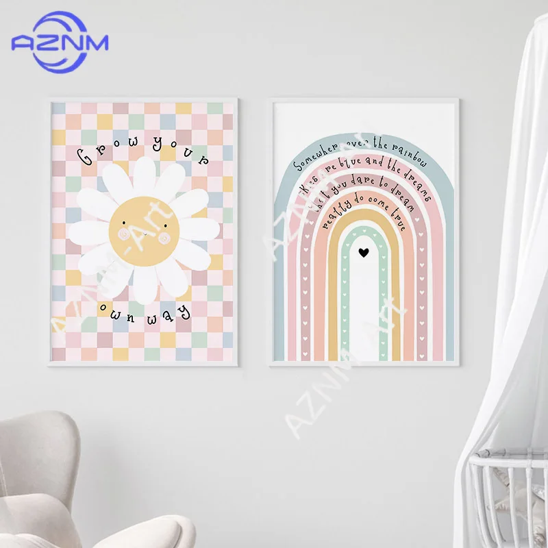 Sonnenblumen-Regenbogen-Wolken-Herz Kinderzimmer Wandkunst Leinwandbild Nordische Cartoon-Poster und Drucke Bilder Baby Kinderzimmer Deko