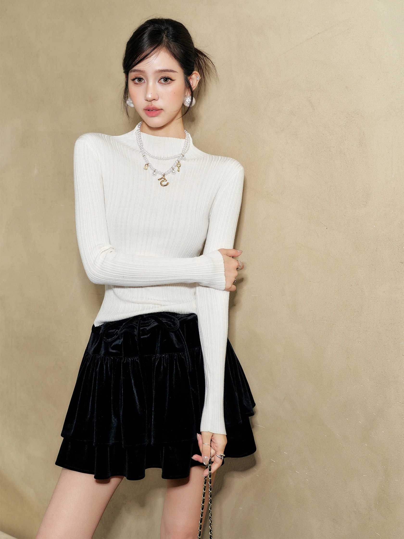 

ORG Белая облегающая мягкая трикотажная кофта с высоким воротником и длинными рукавами, повседневная базовая модель, женская, из смесового полиэстера