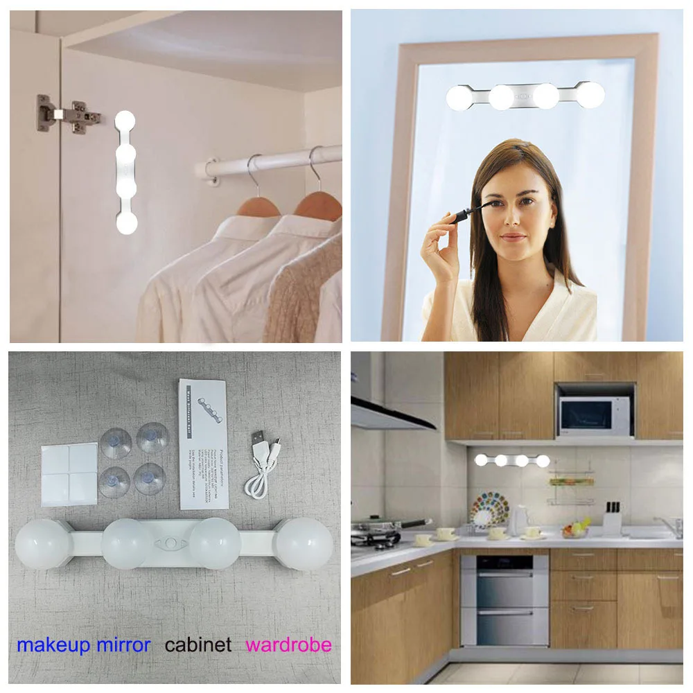 Luz de espejo para tocador, luz LED de maquillaje, 4 bombillas, portátil, recargable, con ventosa, para dormitorio, de cuerpo completo, para escritorio