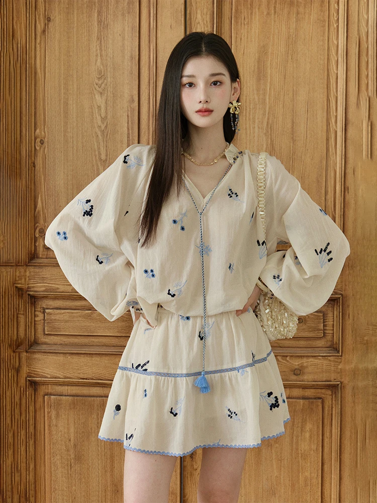

IU Li Zhenen Capri Island Beach Vaion Sle Pure Cotton 3D Embroidered Top Skirt Set Women's Long Sve V-Ne ort Pants