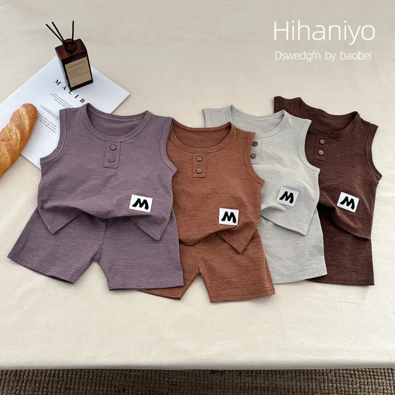 

Spring and summer new Dison linen vest set children's home wear boys' and girls' casual set baby pajamas