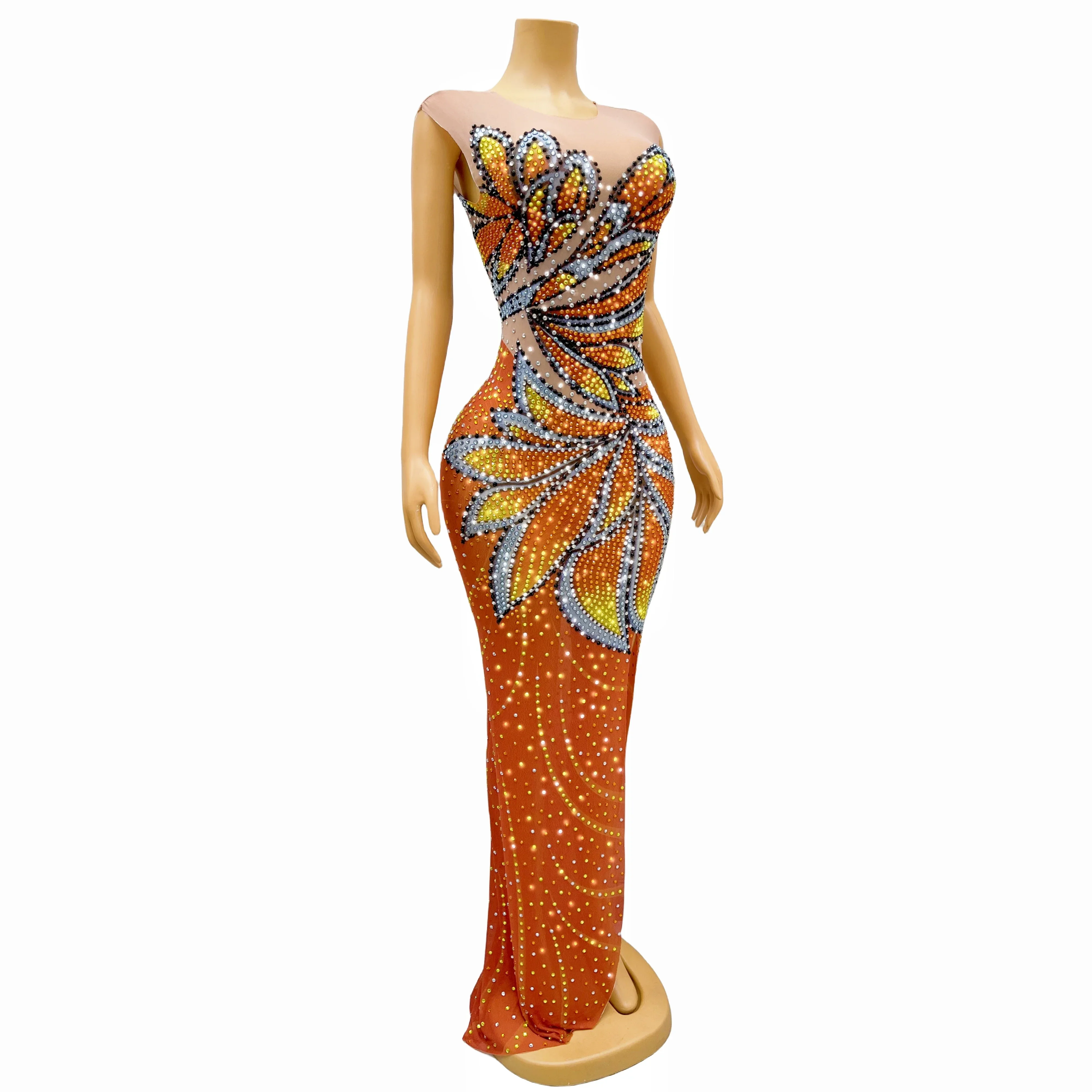 Orange Colorful Rhinestones Sleeveless Dress Sexy Transparent Stretch Outfit Nightclub Birthday Dance Party Collections fengdie