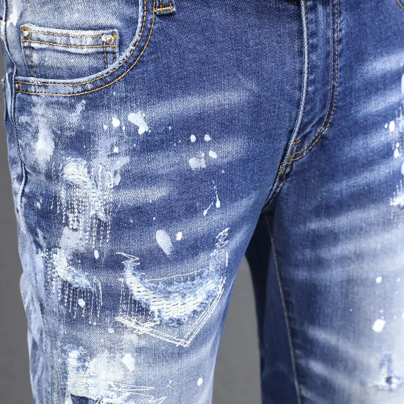 Fashionable Y2K jeans with stretch, slim fit, washed water, nostalgic patch, painted light blue jeans, designer high stree