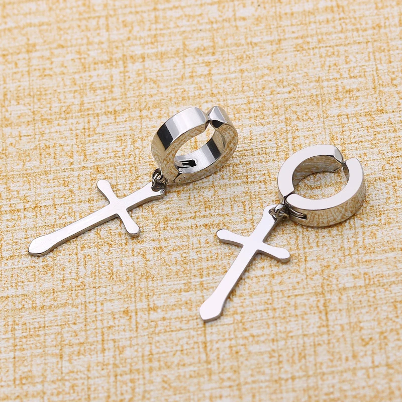 Fashion Titanium Steel Cross Ear Clip Earrings For Men Women Stainless Steel Punk Black Single Earring Fake Earrings Jewelry