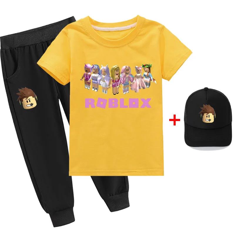 NEW T-shirts for Children Roblox Fine Cotton Boys and Girls Short-sleeved T-shirt Set + Hat Three-piece Set Child Sweatshirt