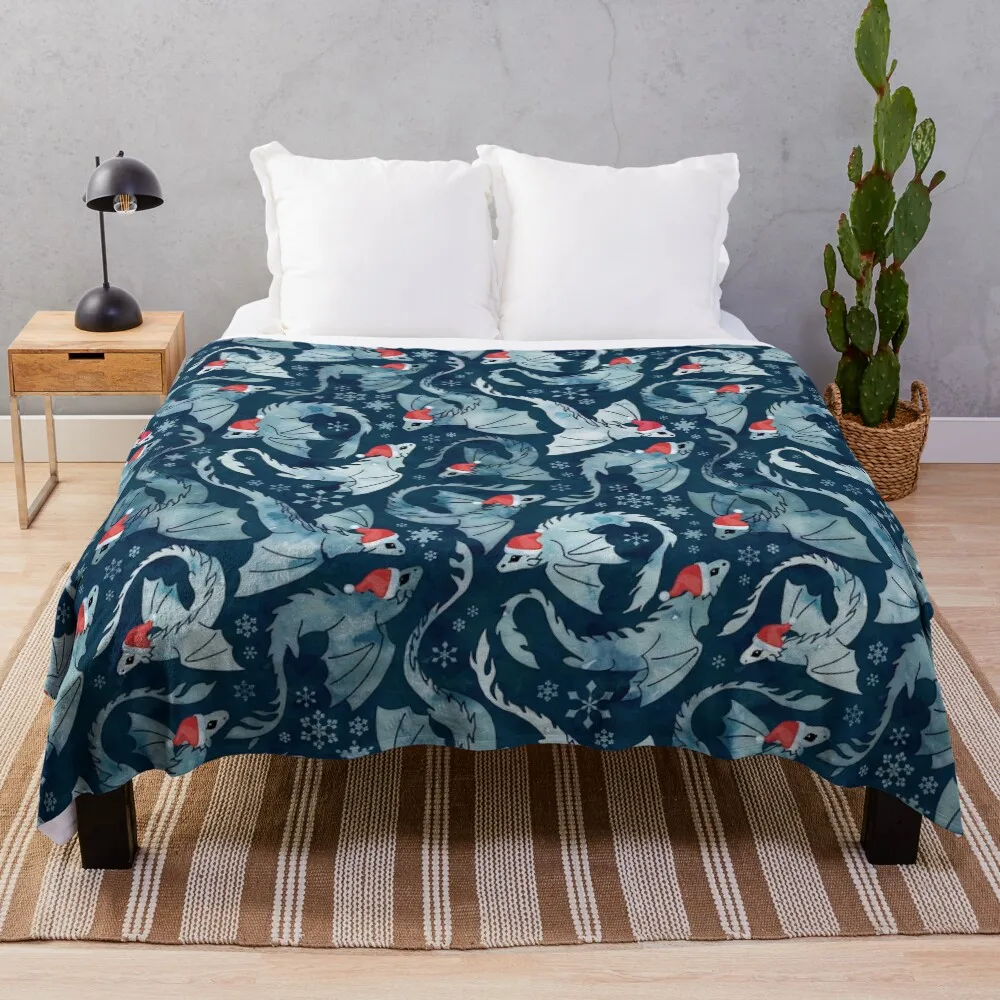 Dragon fire dark blue Christmas snowflake Throw Blanket Warm Accent Blanket for Living Room Decoration