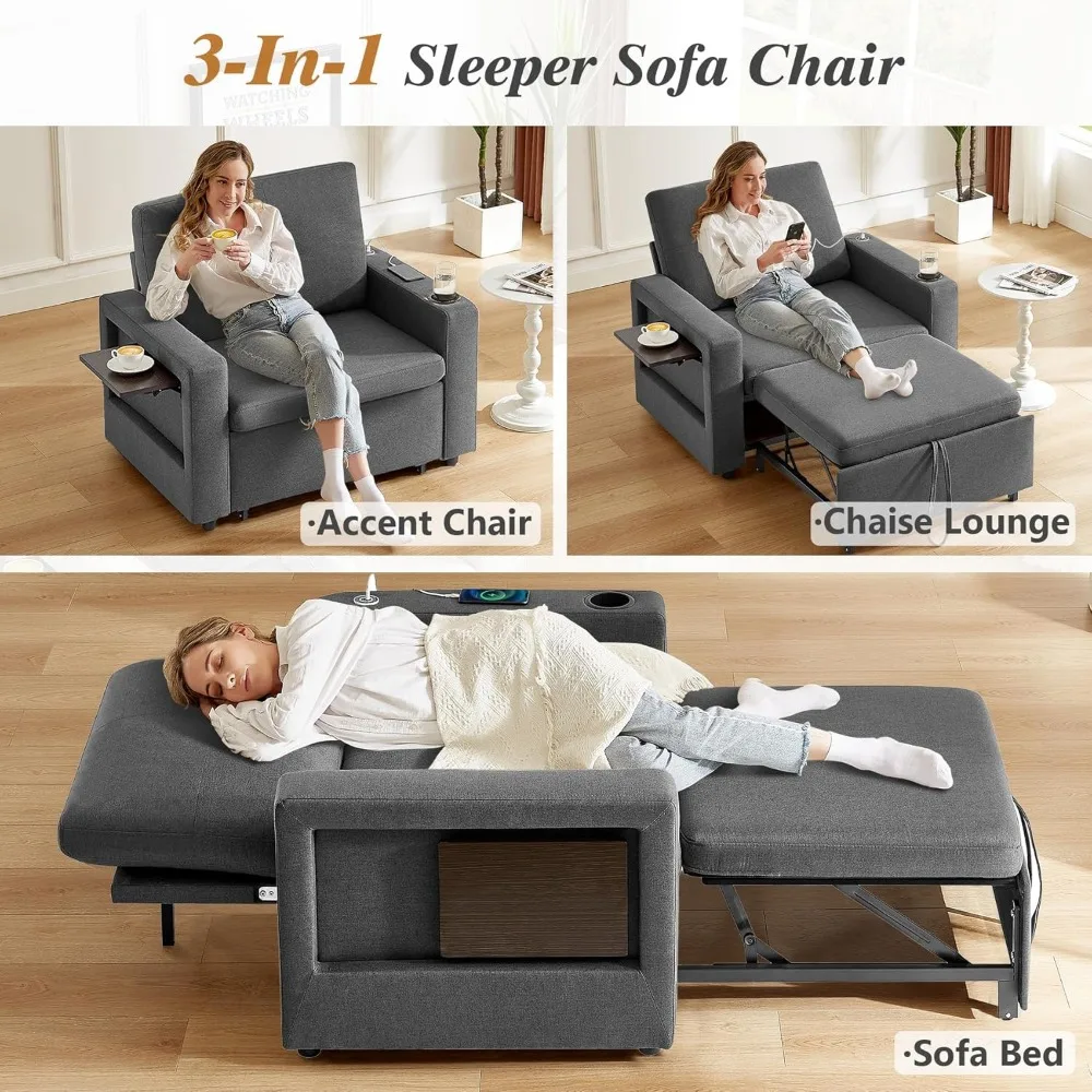 convertible 3-in-1 sleeper sofa chair with pull-out bed and adjustable reclining backrest, side pockets
