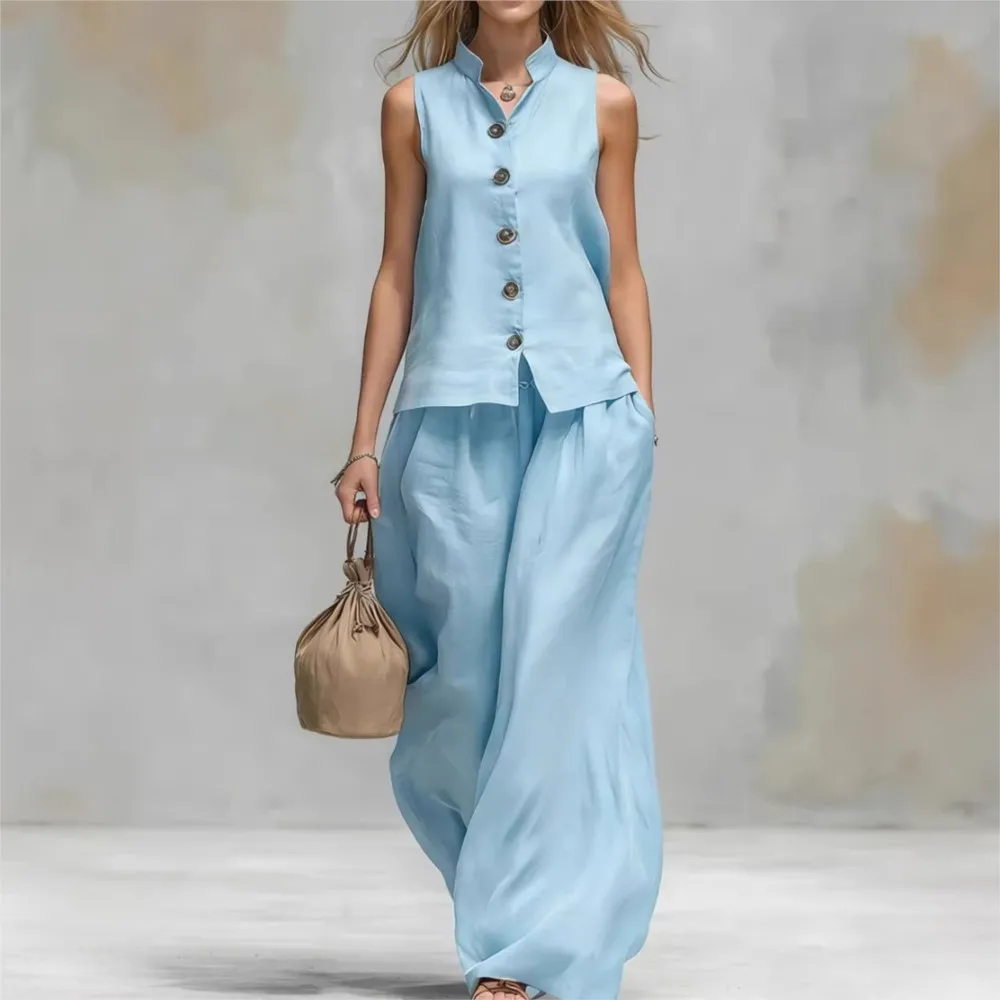 

Fashion Stand-up Collar Sleeveless Single-breasted Top + Trousers 2-piece Set Women's Summer Pocket Loose Wide-leg Trousers Sui