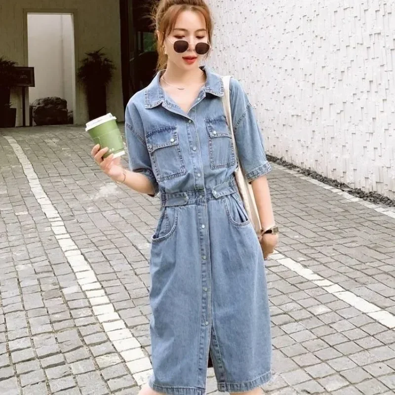 Korean Fashion Long Denim Dress Women Casual Elastic Waist Button High Quality Vintage Split Single Breasted Dresses Party