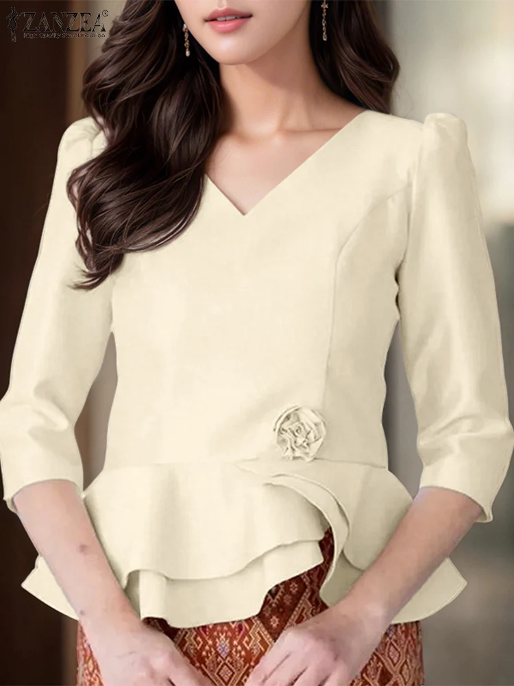 

2025ZANZEA Office Shirts Summer Women 3D Flower Blouse V-Neck Slim Fit Satin Tops Elegant 3/4 Sleeve Ruffled Hem Blusas Chemise