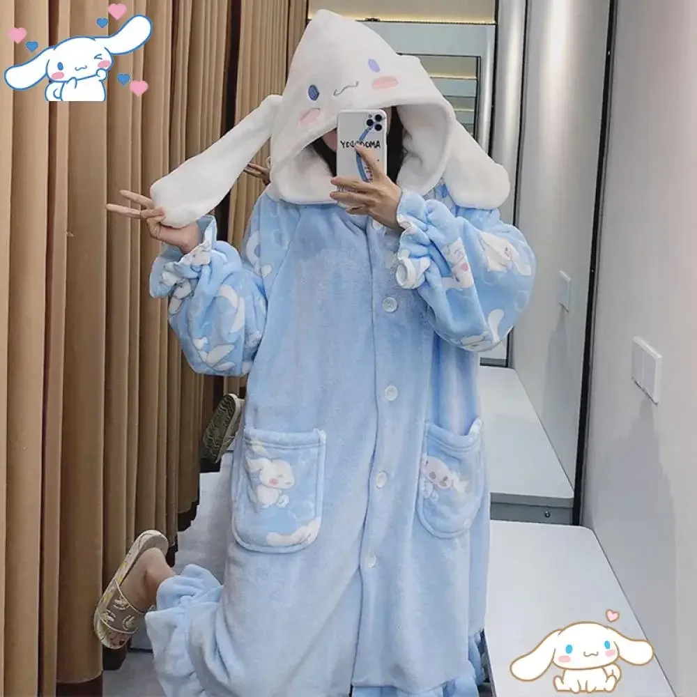 

Cartoon Cinnamoroll Plush Pajamas Robe Set Women Sanrioed Anime Kawaii Home Clothes Winter Long Style Thicken Nightgown Bathrobe