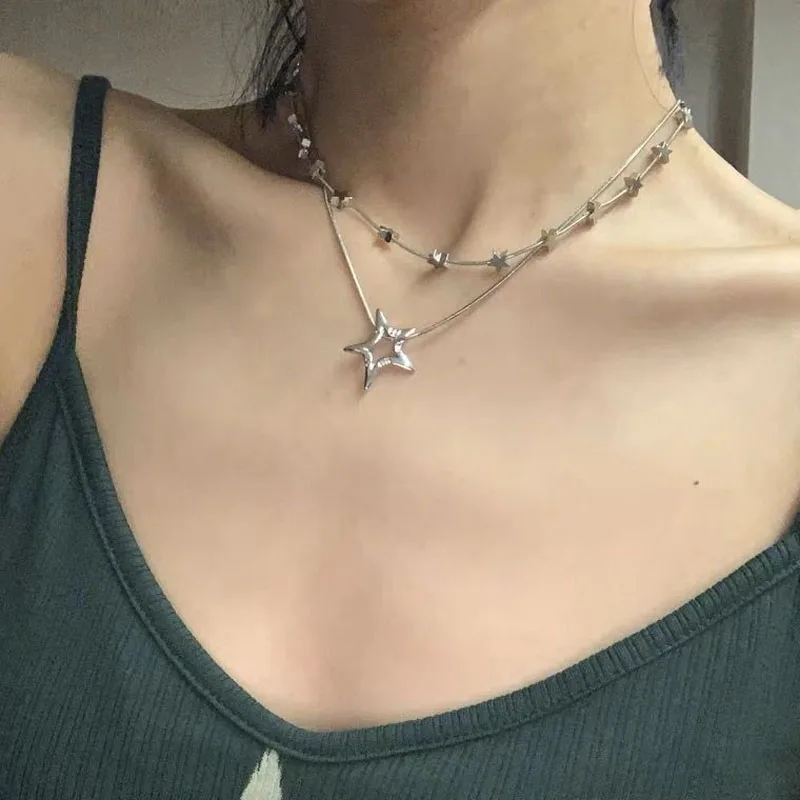 Kpop Vintage Y2k Aesthetic Star Pendant Necklace for Women Cool Hip Hop Pentagram Multilayer Chain Necklaces Girls Jewelry