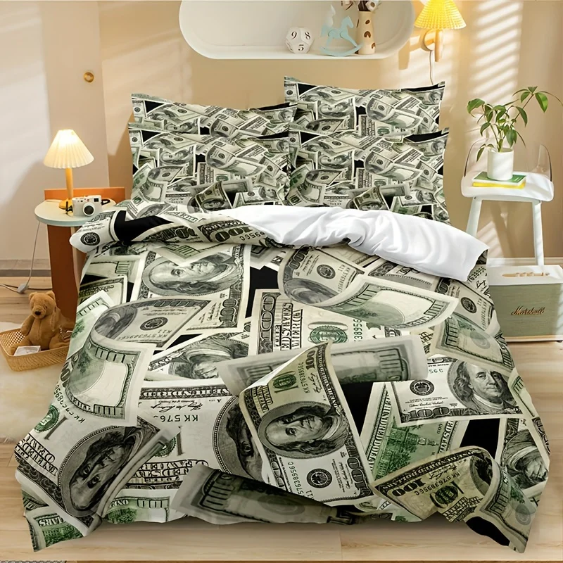 

3-Piece Luxurious Hundred Dollar Bill Bedding Set – Ultra-Comfortable 3D Money Print Duvet Cover & Soft Pillowcases – Stylis