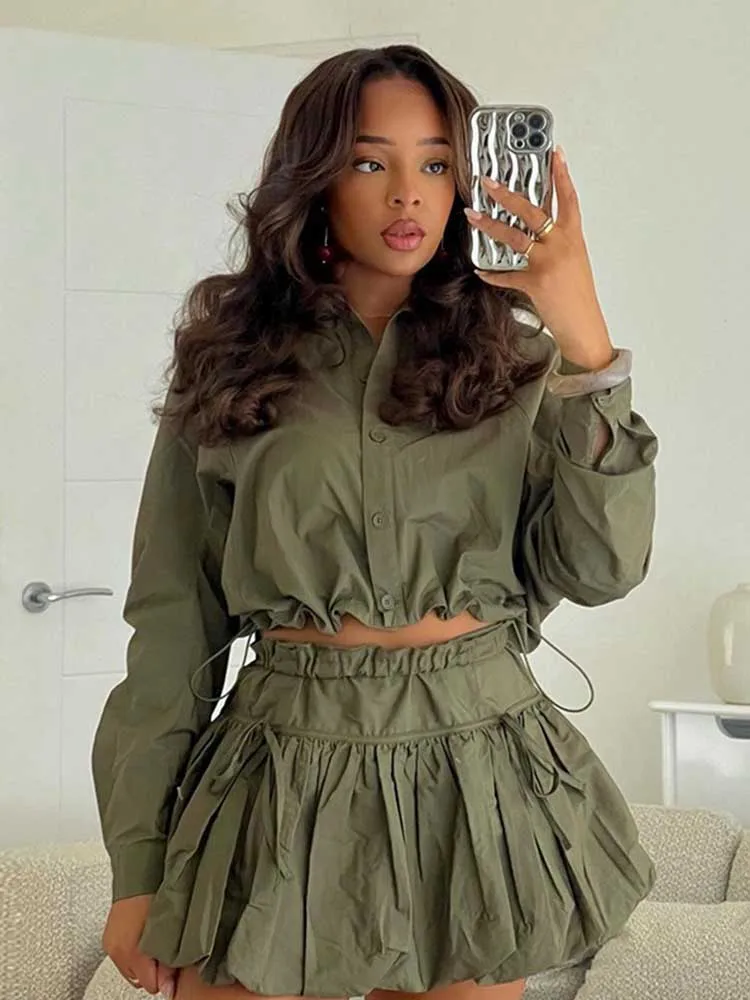 2 Piece Woman Outfit Streetwear Drawstring Shirt Top and Short Skirt Autumn Sexy Army Green Suit with Skirt Night Club Wear