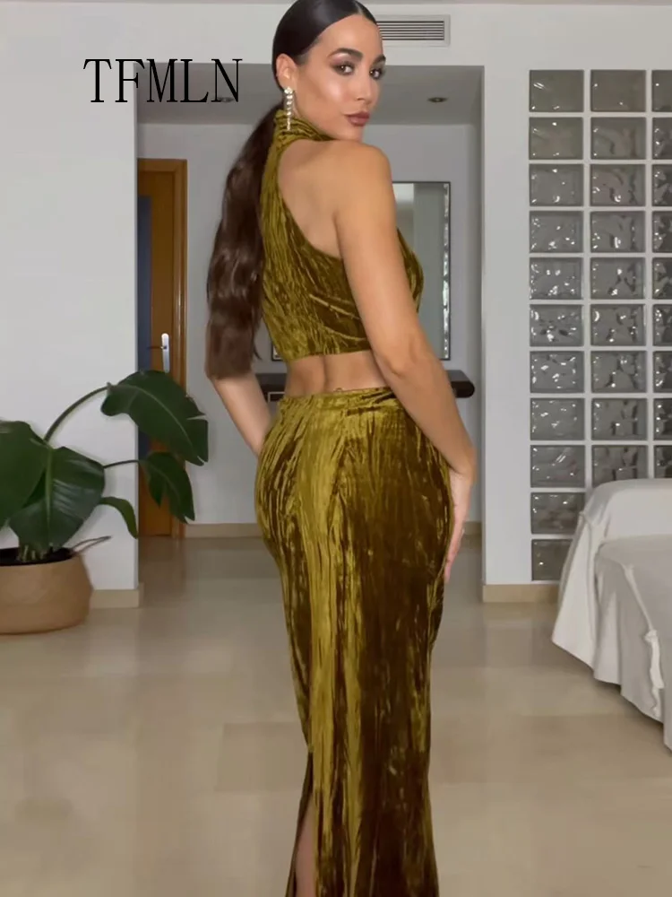 TFMLN أنيقة المرأة الرسن طوق فستان طويل 2026 موضة جديدة بلا أكمام الجوف خارج سليم فستان الحفلات مثير سيدة تاريخ فستان سهرة