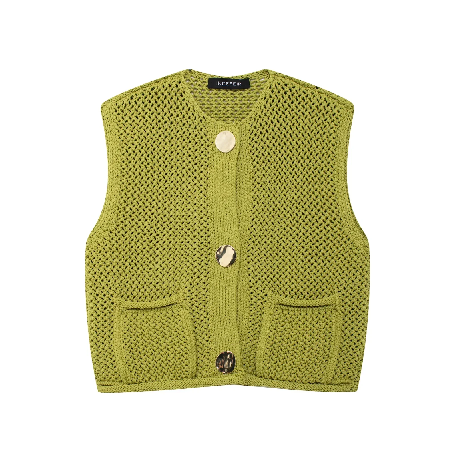 TRAFZA 2024 Autumn Winter Vintage Women Knitted Vests Fashion Casual Solid Single Breasted Pockets Sleeveless Ladies Vests