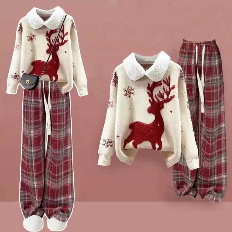 Winter Set 2024 New Year Korean Version Red Doll Collar Sweater+flannel Checkered Pants Two-piece Set Christmas Clothing Sweater