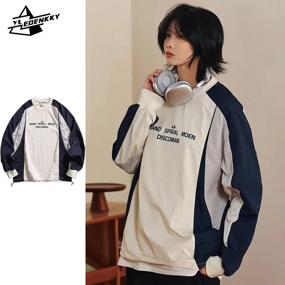 Japanese Retro Long-sleeved Sweatshirt Men Women Preppy Panelled Oversized Crewneck Jumper Autumn Casual Couple Versatile Tops