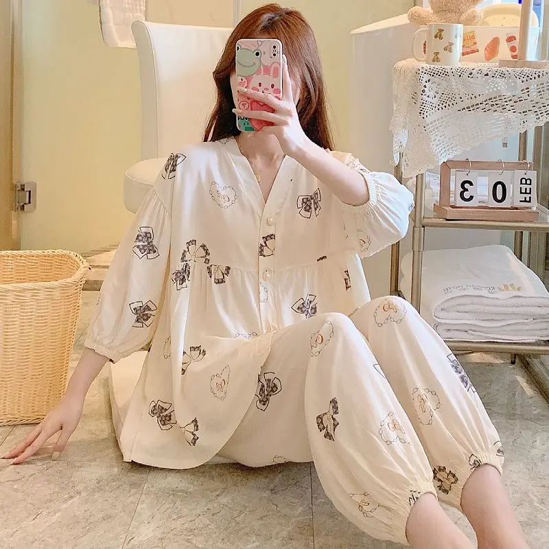 Pyjama en coton grande taille pour femmes, vêtements de nuit fins, manches longues, vêtements de détente en coton, doux, mignon, ensemble de vêtements d'intérieur, printemps, automne, été