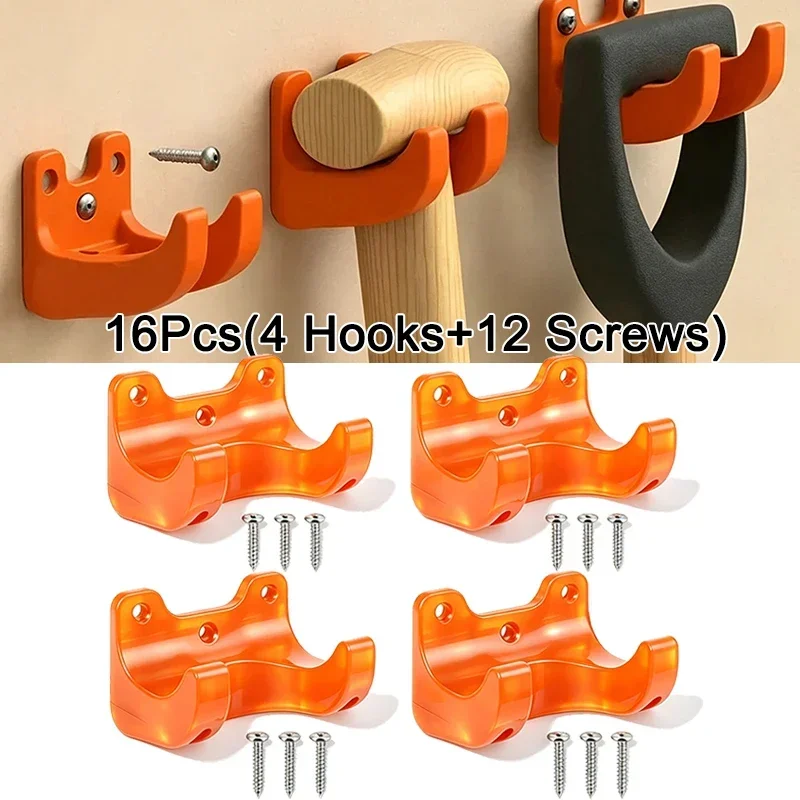 16Pcs Wall Mount Tool Hanger Set: 4 Hooks + 12 Screws,Fits Long-handle Tools, Shovels, Rakes,Garage Workshop Tool Storage Rack