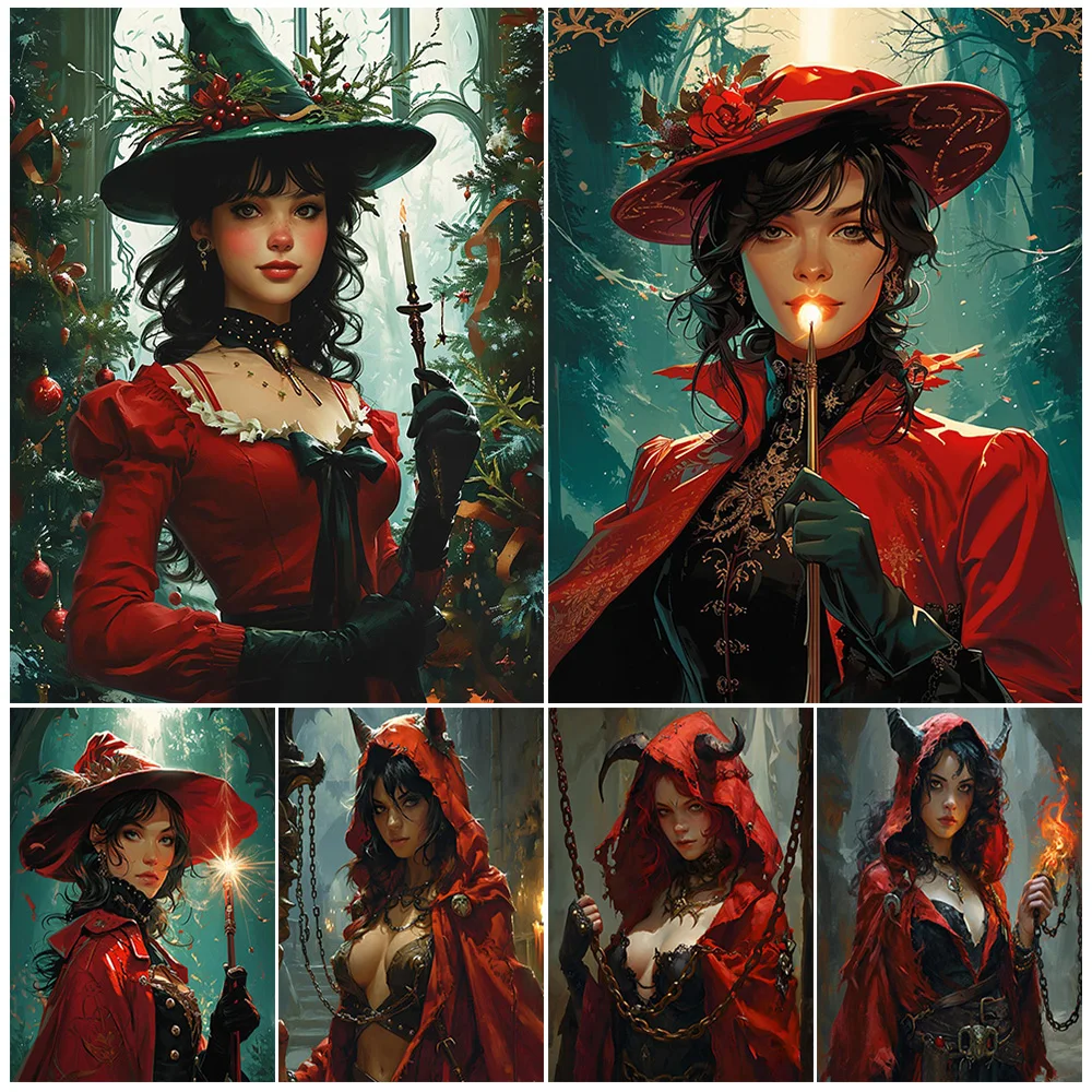 Demonic Succubus And Victorian Witch Holding Magic Wand,Vintage Wall Art Print,Witch Portrait Illustration Art Poster Print