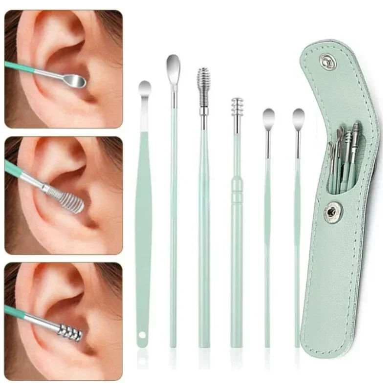 Nuevo 6 unids/set de recogedores de esponja de oreja de acero inoxidable, removedor de cera, Kit de perforación, cureta de cera, cuchara, herramienta de cuidado de limpieza de orejas