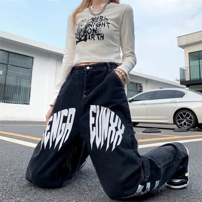 Streetwear Fashion Women Vintage Black Jeans Star Print High Waist Spring Autumn Harajuku Loose Straight Casual Trousers Female