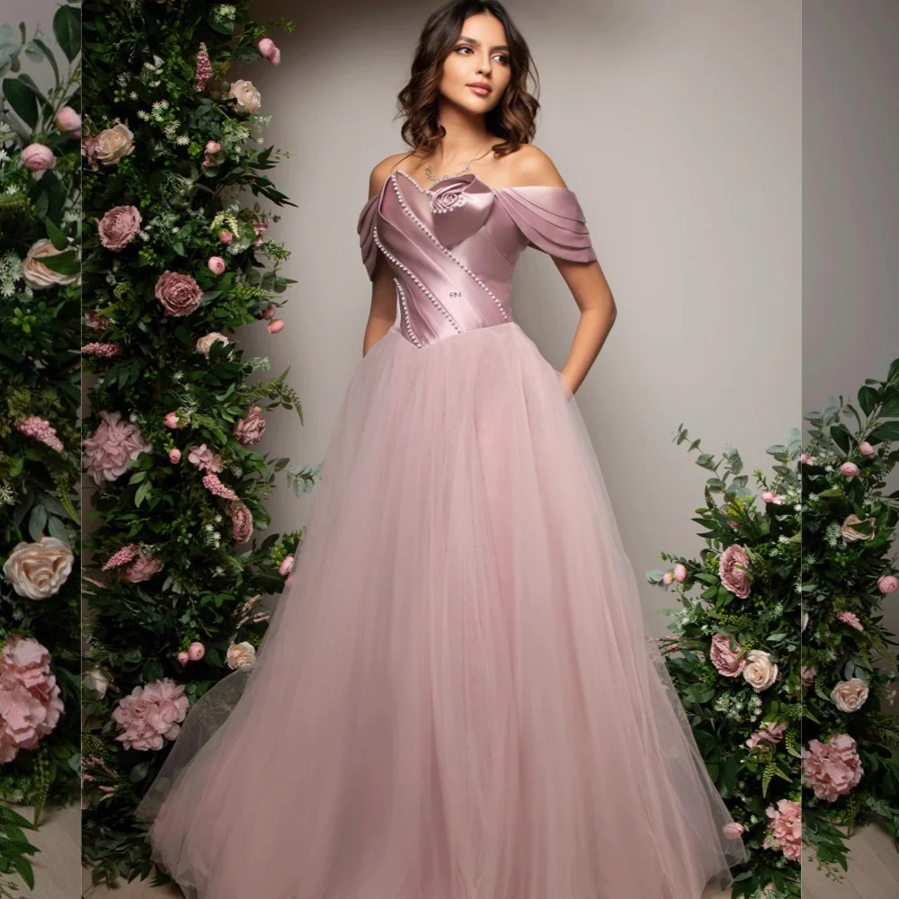 

Evening Tulle Pearl Handmade Flower Celebrity A-line Off-the-shoulder Bespoke Occasion Gown Long Dresses Saudi Arabia