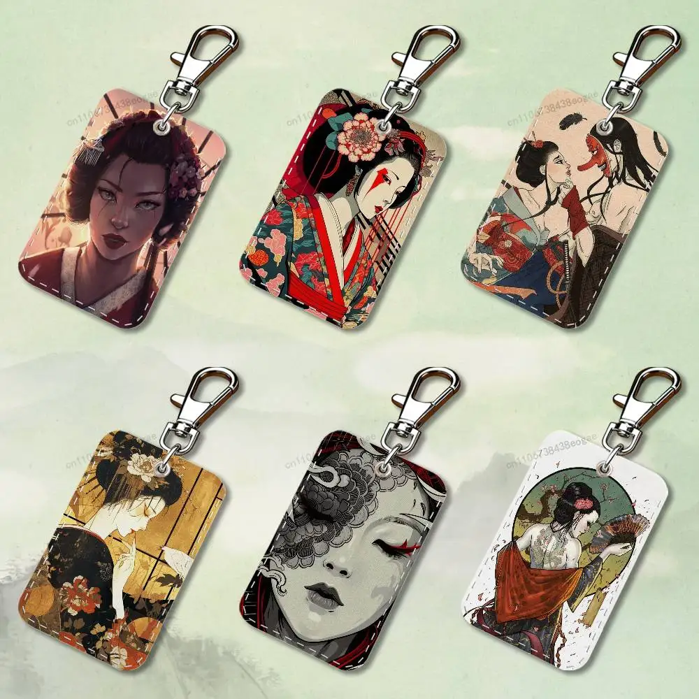 

Japanese Geisha Art Custom Access Card Case Leather Card Holder Keychain Key Ring Transportation Card Case Gifts