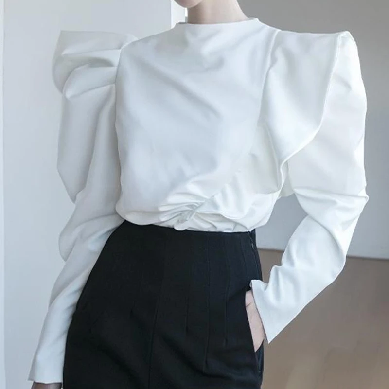 2023 T-shirt Long sleeved ruffled high collar solid color top with back cardigan zipper  womens tops and blouses