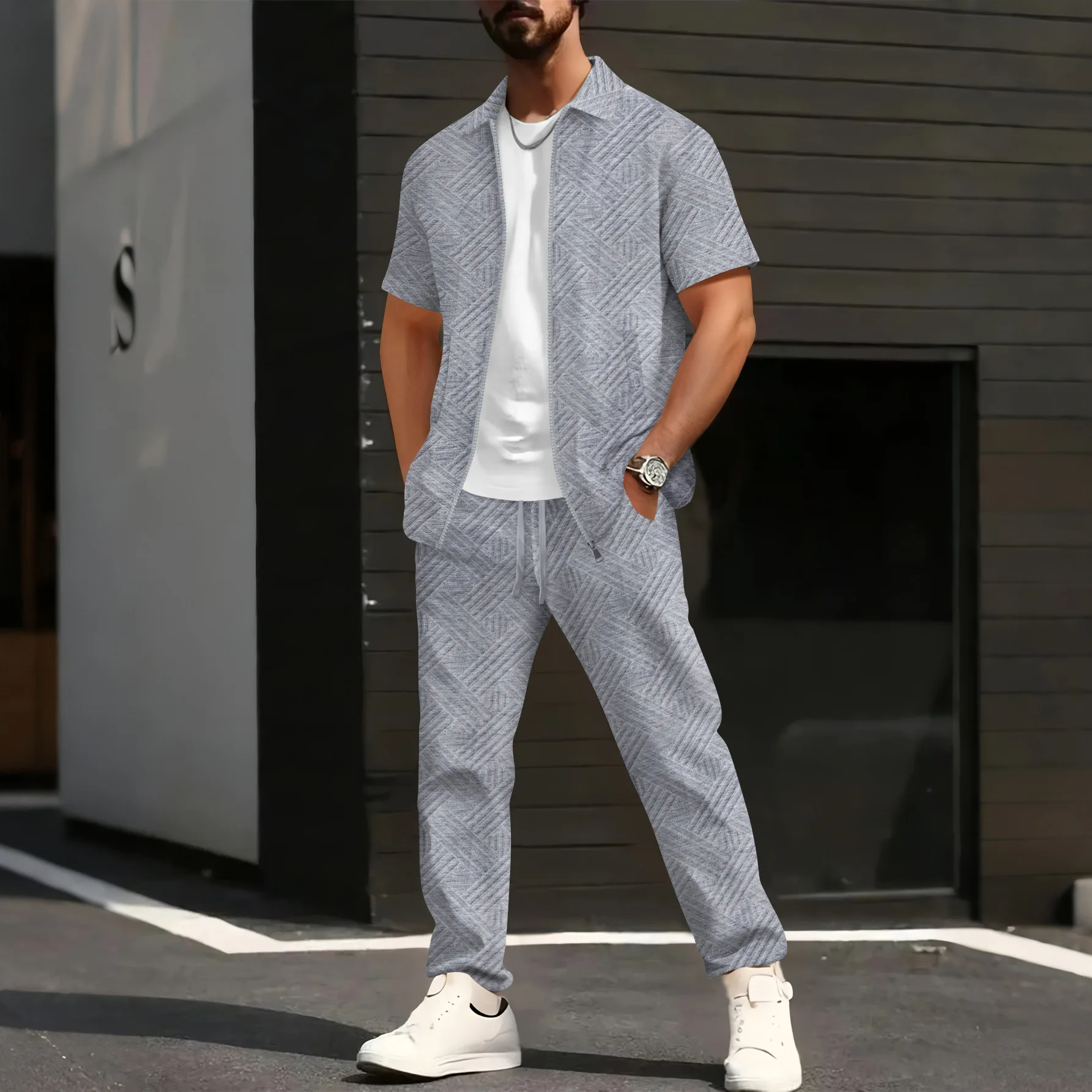 

Men's Summer 2026 Solid Color Jacquard Zipper Cardigan Short-Sleeved Jacket And Long Pants Set Casual Fashion Outfit