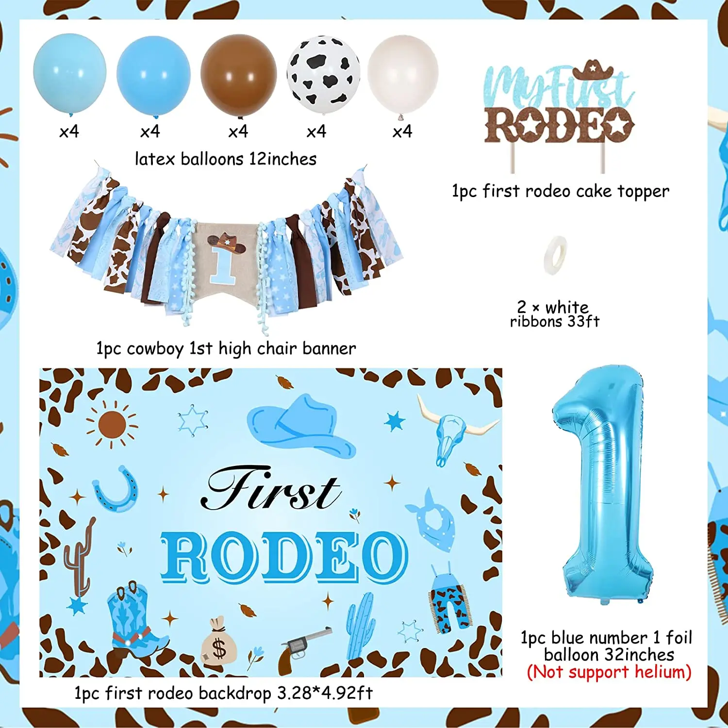 Blue My First Rodeo Cowboy Backdrop Cake Topper, Western High Chair Banner, Balloons Kit, 1st Birthday Party Decoration