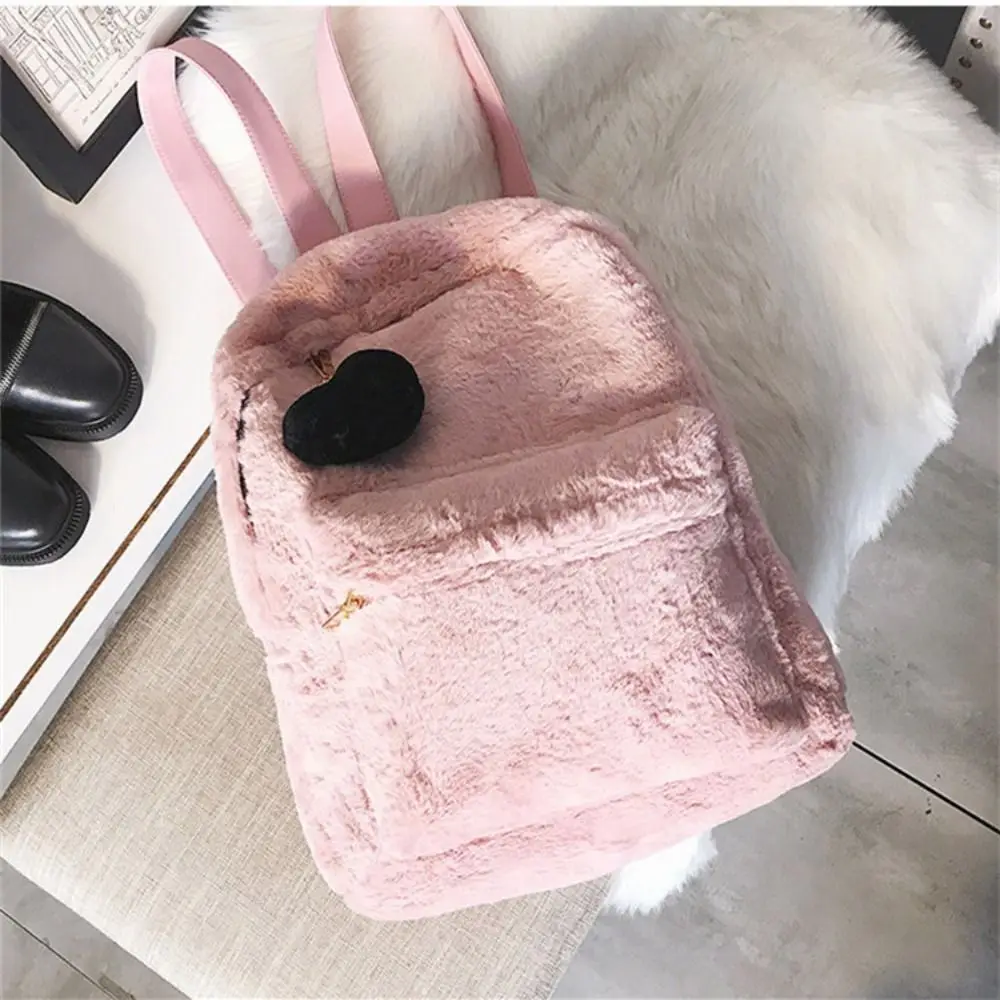 Heart Pendant Women's Fur Backpack Pink Black Large Capacity Winter Plush Bag Faux Fur Soft Cute Student Schoolbags Travel Use