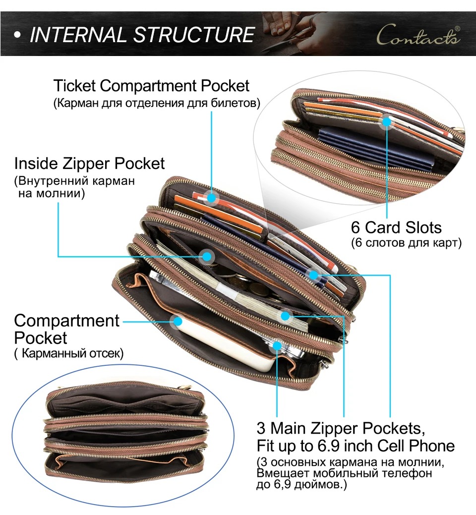 CONTACT'S Clutch-Taschen aus echtem Leder für Herren, luxuriöse Designer-Umhängetasche, lange Geldbörse, Damentasche, Handtasche, Geldbörse, Handytasche – Detail 8