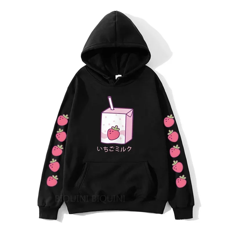 Women Cute Cartoon Strawberry Milk Print Hoodies Plus Size Hooded Prevalent Fashion Sweatshirt Female Winter Warm Pullover