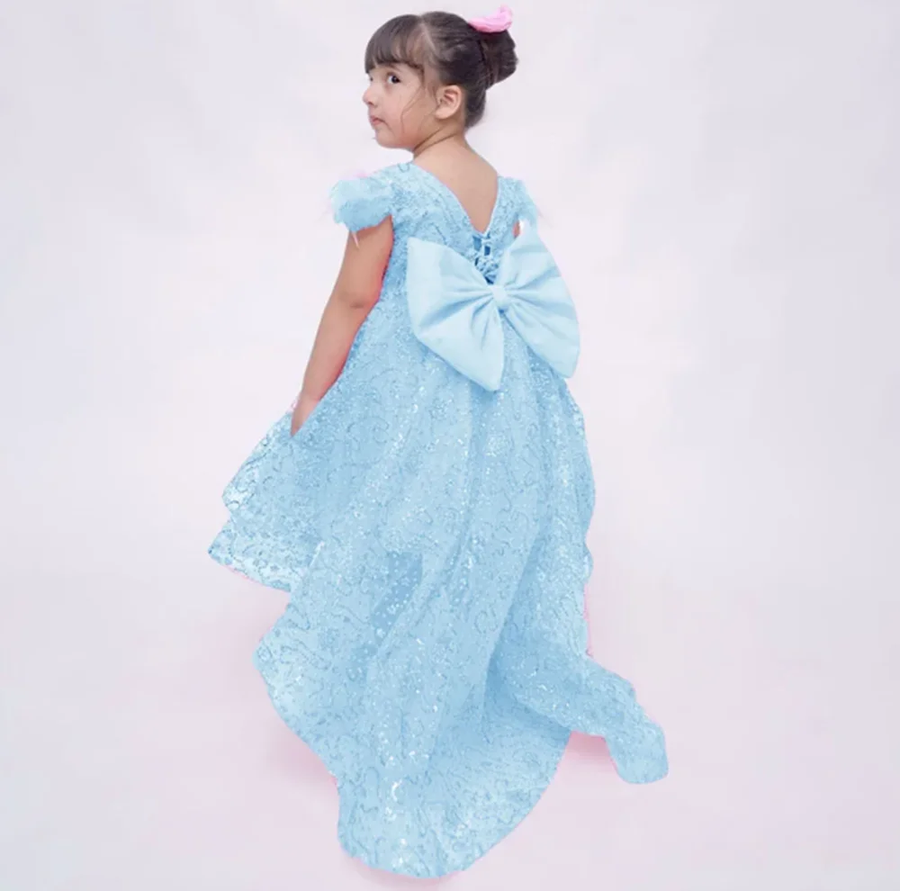 

Luxury Sequined Feather Short Sleeve Short Flower Girl Dress For Girl Bow Tea Length Shiny Classic Communion Girl Gown New