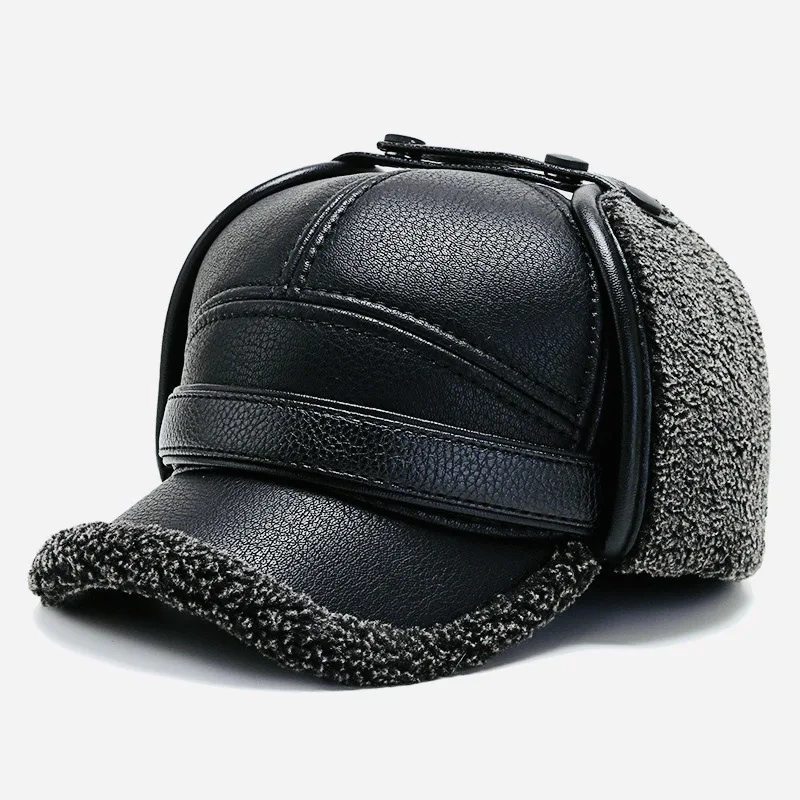 Winter Leather Cap with Ear Flaps Plush Lined Thermal Warm Windproof Cold Weather Baseball Hat for Men Women Outdoor Activities