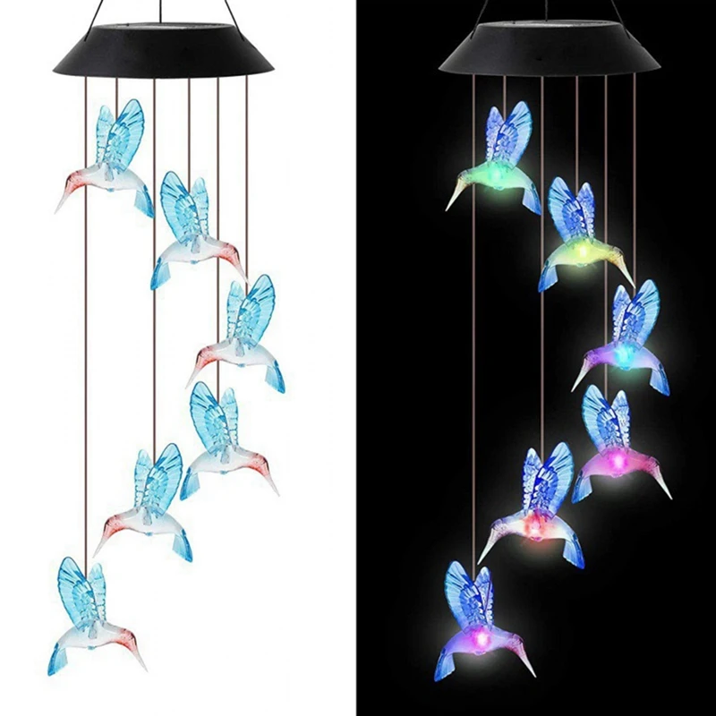 Hummingbird Outdoor Solar Lights, Solar Wind Chime Lights, Hanging Gifts for Mom and Grandma Blue-ABLL