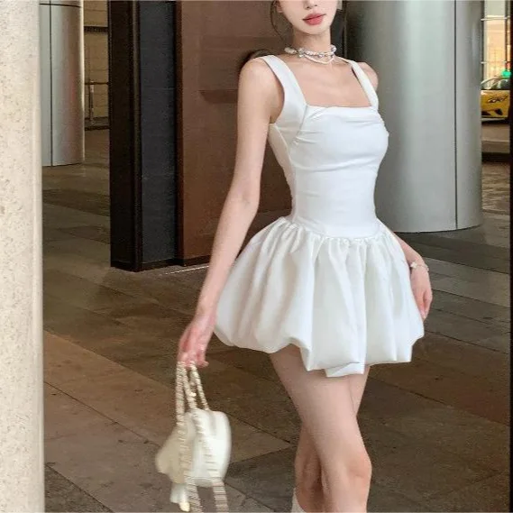 

Sweet Spice Girl Suspender Dress Fairy Temperament Fluffy Short Dress Waist Sleeveless White Dress