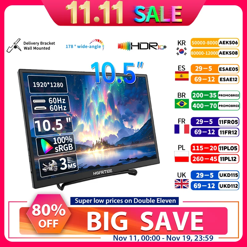 

HGFRTEE 10,5-дюймовый портативный монитор 1280P 100%sRGB с расширительным дисплеем с низким синим светом для XBox PS4/5 Switch сотового телефона ПК Loptop
