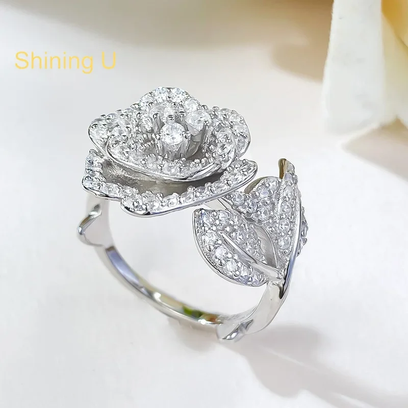 Shining U S925 Silver Camellia Floral Full Gems Ring for Women Fine Jewelry Wedding