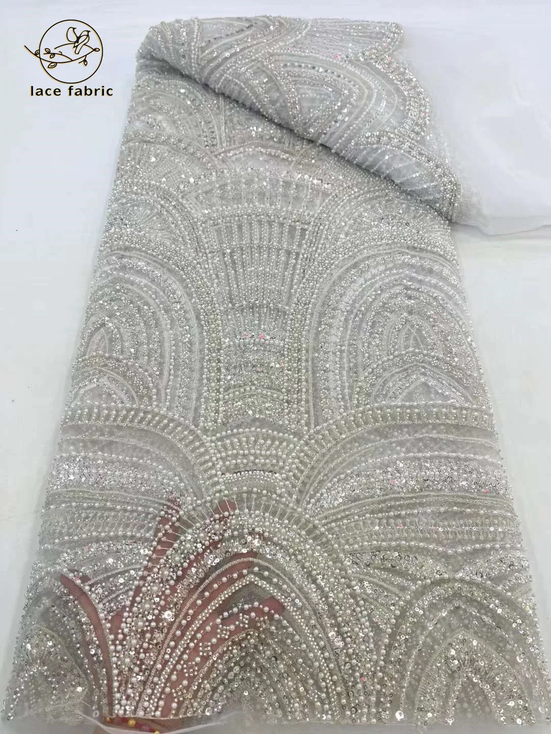 

White African Heavy Beaded Lace Fabric 2024 High Quality Groom Nigerian Sequins Lace French Tulle Fabric For Wedding Party Dress