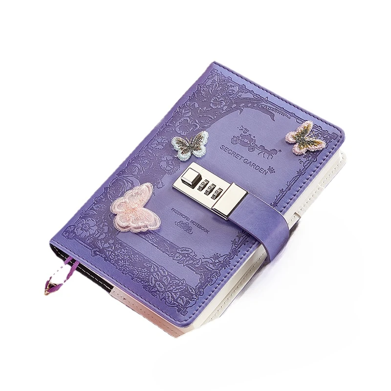 Literary Girl Heart Butterfly Password Lock Notebook Girls Secret Diary with Pendant PU Exquisite Student Notepad Office Book