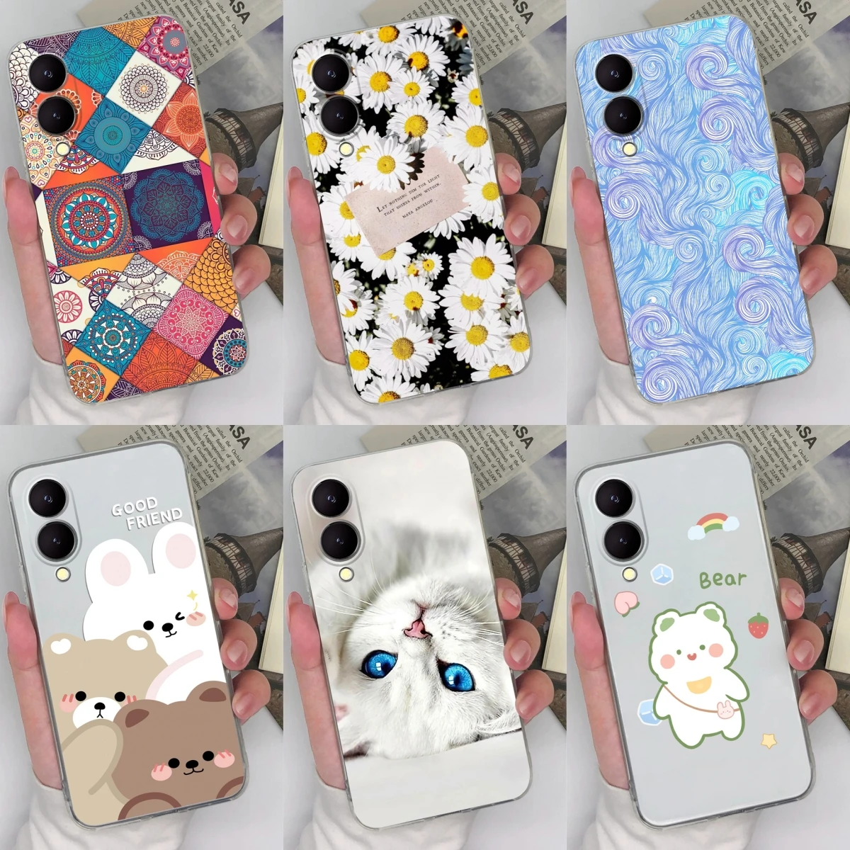 Cases For Vivo Y17s 4G Pretty Daisy Cute Cat Bear Cartoon Pattern Transparent TPU Cover For VivoY17s Printing Coque Phone Funda