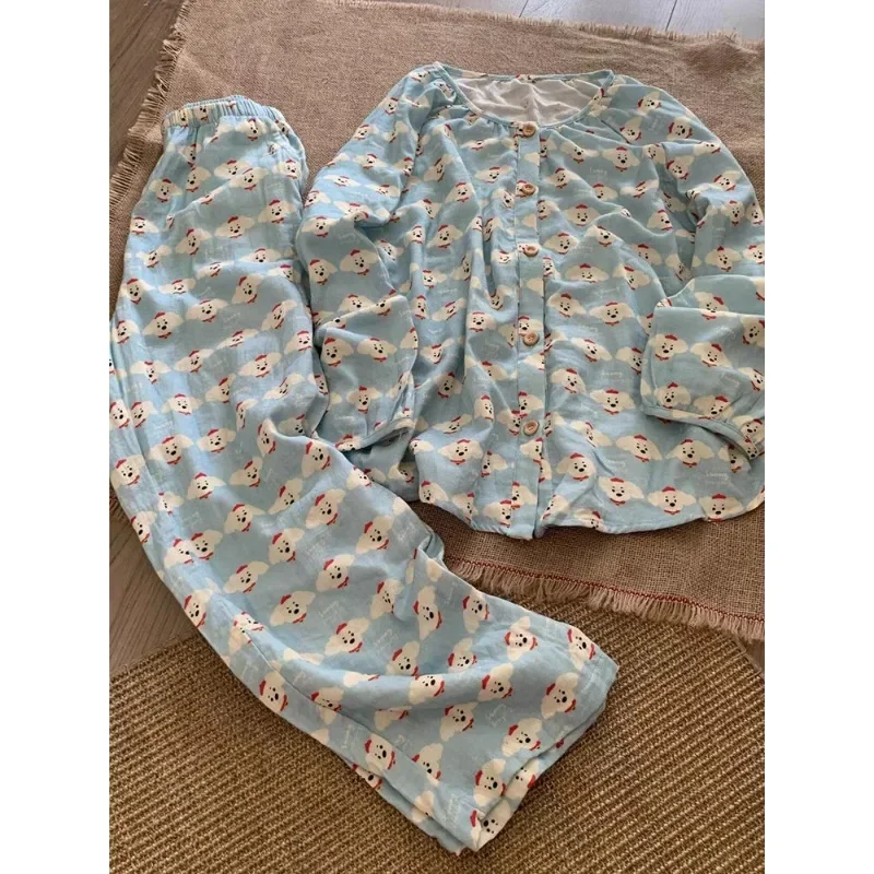 Pijama de manga comprida com estampa de cachorrinho fofo primavera e outono calças cardigã soltas femininas para uso doméstico conjunto plus size pode ser usado ou...