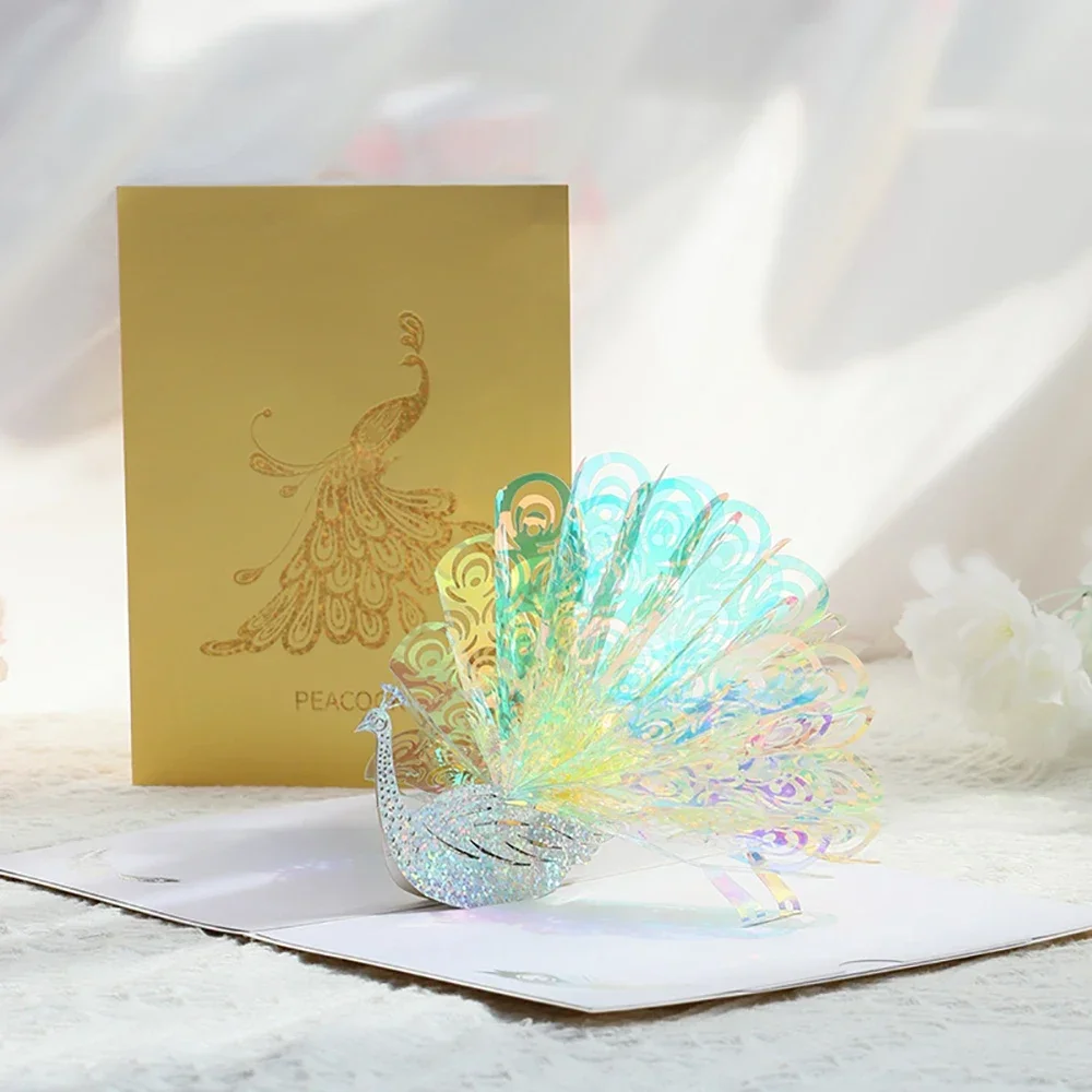 

Creative 3D Laser Peacock Birthday Card Holiday Blessing Greeting Cards Thankyou Cards Gift
